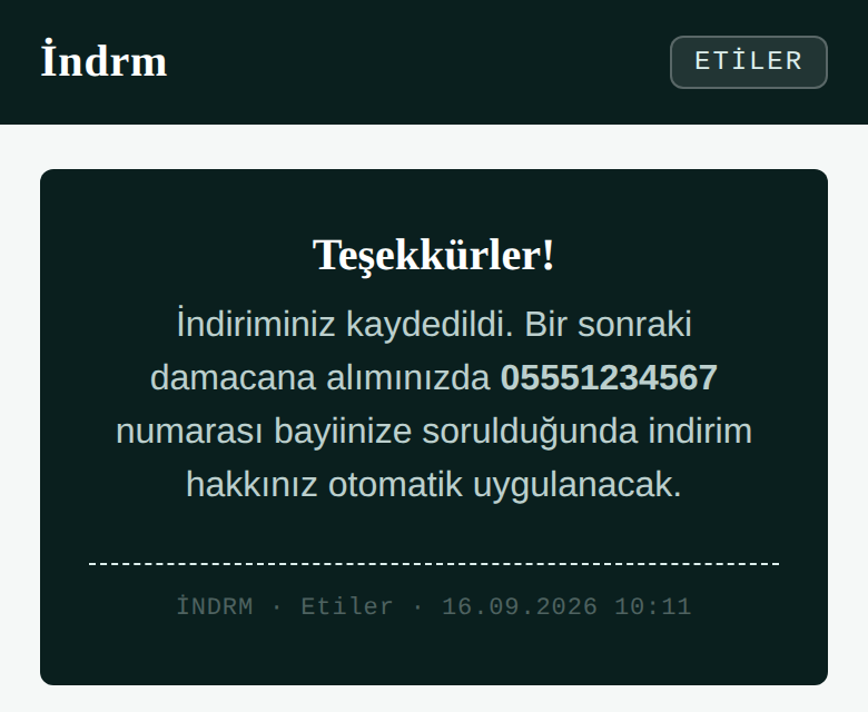 İndirim hakkı kaydedildi onay ekranı